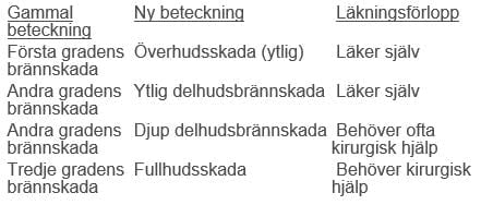 Beteckning av olika brännskador